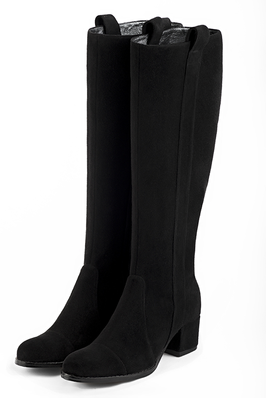 Custom-made women's matt black elegant riding knee-high boots. Round toe. Low block heels - Front view